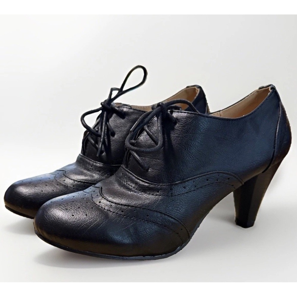 Chase + Chloe Womens Oxford Heels 7.5 Black Lace Up Wingtip Brogue Round Toe